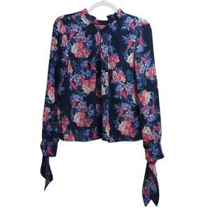 WAYF Blue Floral Office Career Tie Neck Blouse NWT Size XS